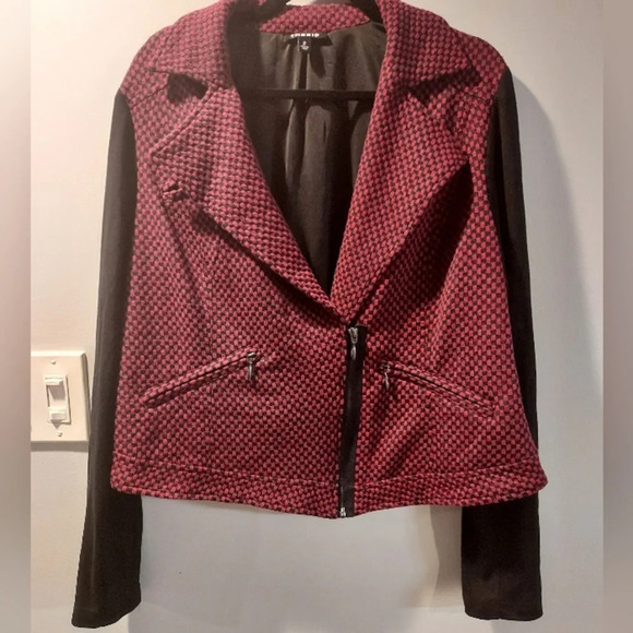 Torrid Maroon Red and Black Checkered Moto Knit Zipper Jacket in Size 2 - Picture 2 of 12